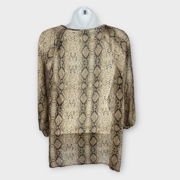 Liz Claiborne Petite Large Snake Python Print Peasant Sheer 3/4 Sleeve Top Brown - Picture 2 of 6